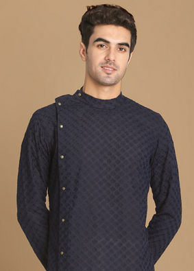 alt message - Manyavar Men Navy Blue Side Open Chikankari Kurta Set image number 0